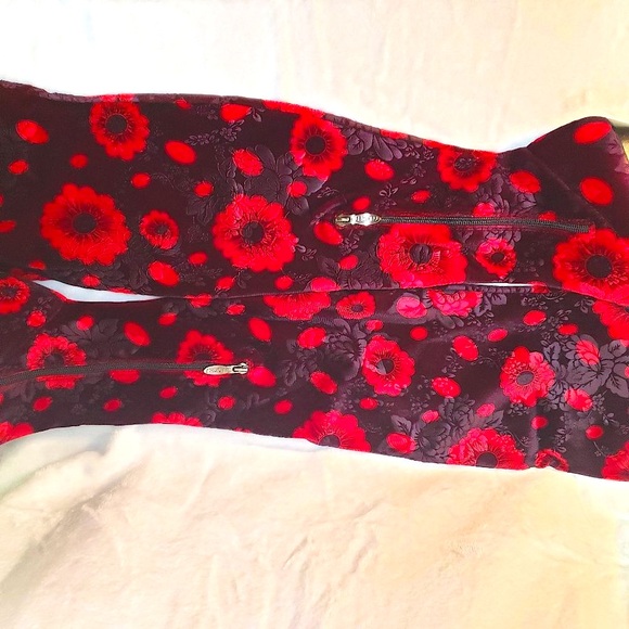 Mac J Black Cherry Stretch Velvet Red Floral OTK Stocking Boots 3.5" High Heel - Picture 12 of 15